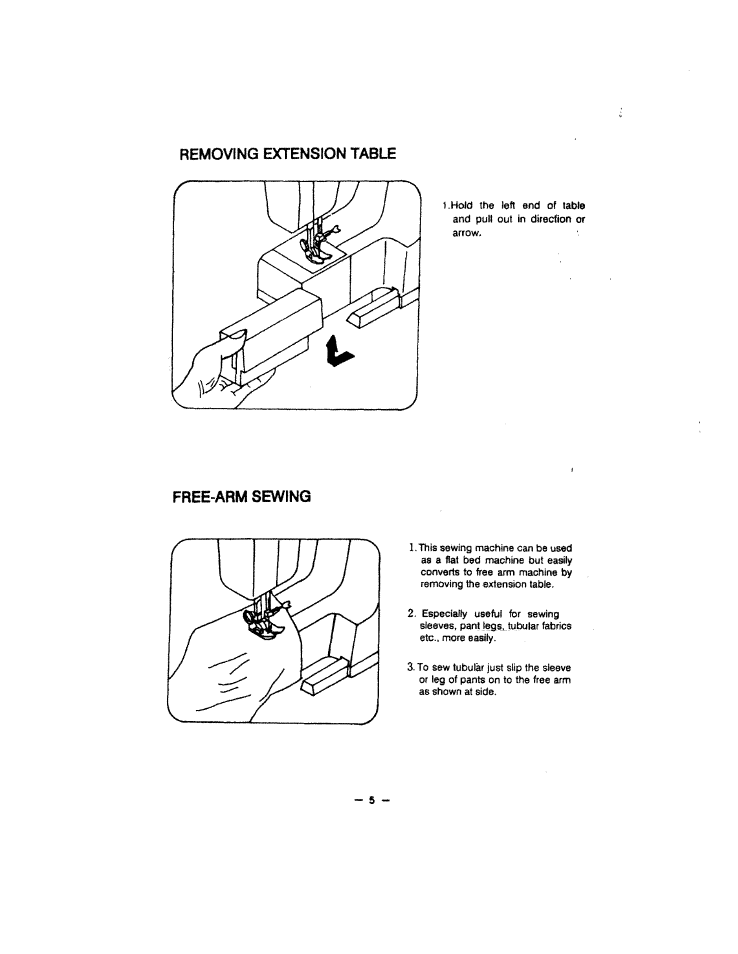 Removing extension table, Free-arm sewing | SINGER W213 User Manual | Page 9 / 30