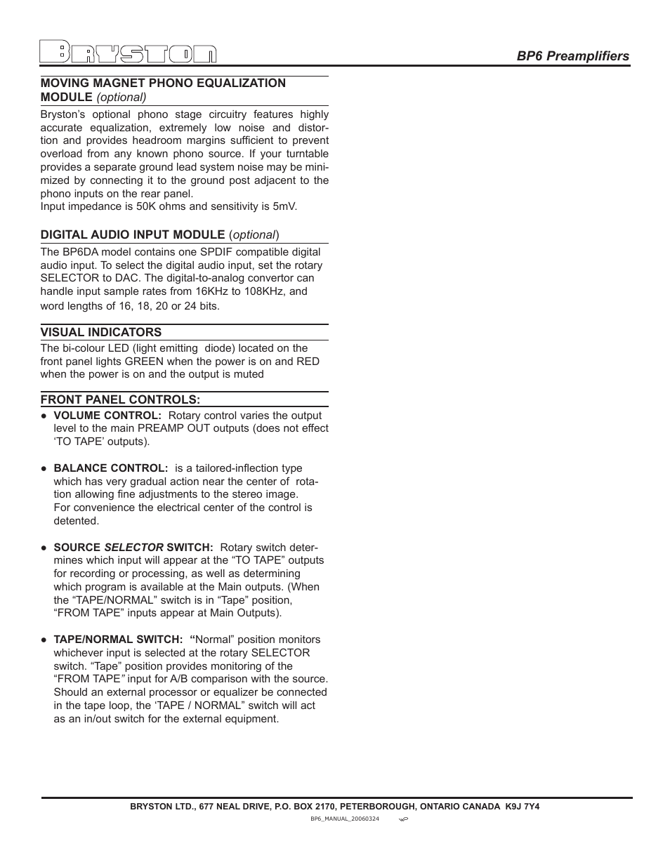 Bryston BP6P User Manual | Page 6 / 6