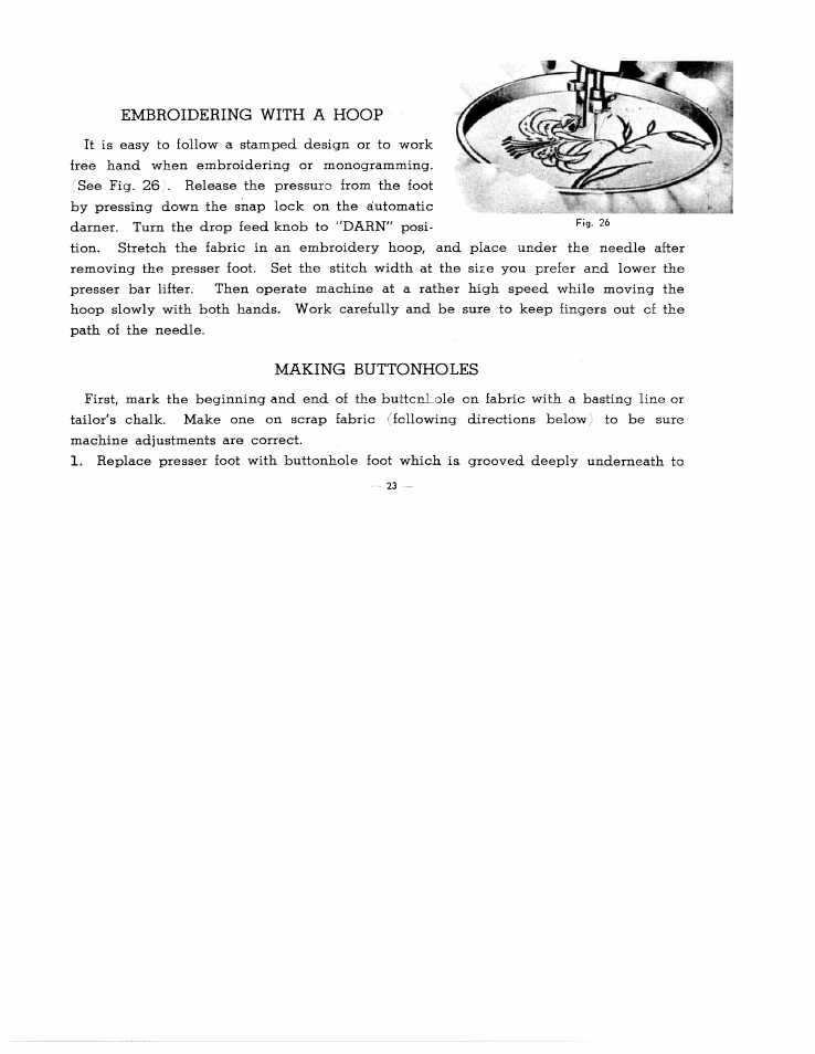 Embroidering with a hoop, Making buttonholes, Embroidering with a hoop making buttonholes -25 | SINGER W2137 User Manual | Page 25 / 38