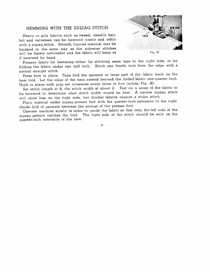 Hemming with the zigzag stitch | SINGER W2137 User Manual | Page 29 / 38