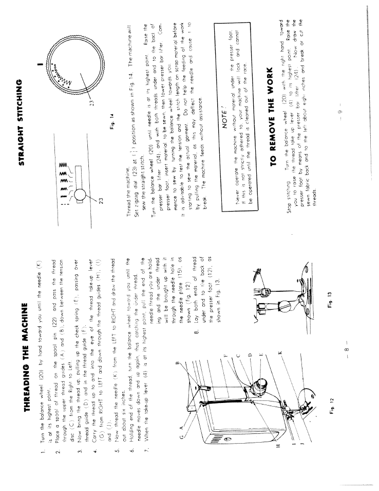 Threading the machine, Straight stitching, Ft, ,.gz,9 d,., 123) a, i 1 > as show" f,,. 14 the | He ,d,e,a, ,f. holddc. .heel .0^4,20, Eg:.:rrr:rd:.i.. .h.n..di.ond 00™ „ .o, To remove the work, Fig. 13, Fig. 14, Hes„ai, H,s,,.ch. .............................,h h.h.h | SINGER W217 User Manual | Page 7 / 17