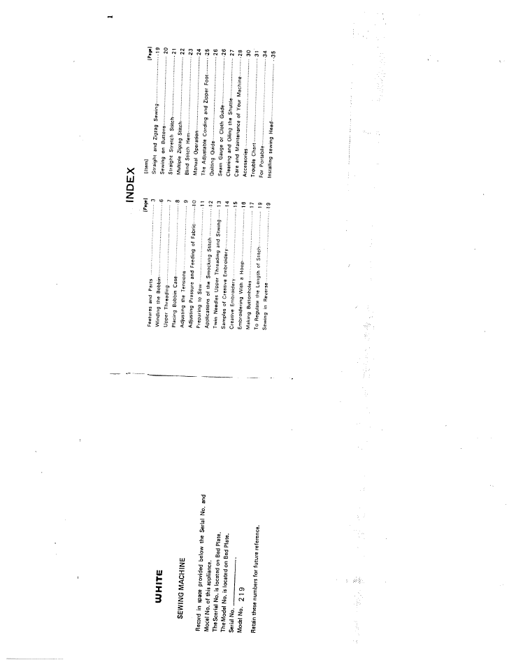 White, Index | SINGER W219R User Manual | Page 2 / 22