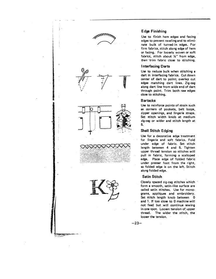 Edp finishing, Interfacing darts, B attacks | Shell stitch edgir, Satin stitch | SINGER W221N User Manual | Page 26 / 45