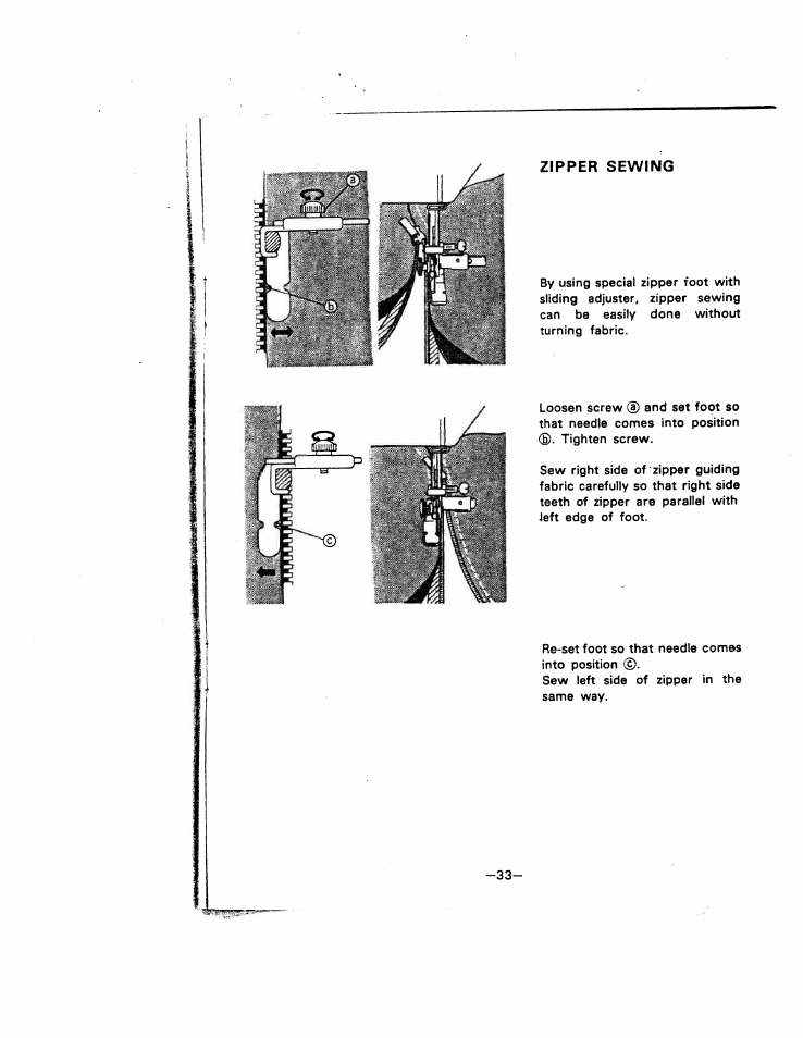 Zipper sewing | SINGER W221N User Manual | Page 36 / 45