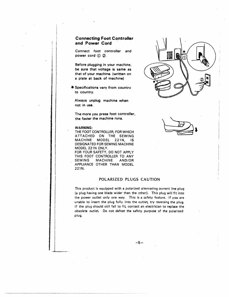 Connecting foot controller and power cord, Polarized plugs caution | SINGER W221N User Manual | Page 8 / 45