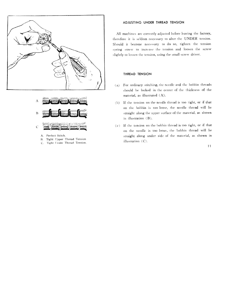 Adjusting under thread tension, Thread tension | SINGER W311 User Manual | Page 12 / 38
