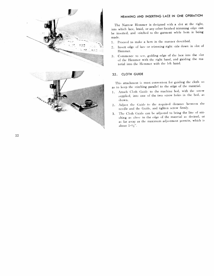 Hemming and inserting lace in one operation, Cloth guide | SINGER W311 User Manual | Page 23 / 38