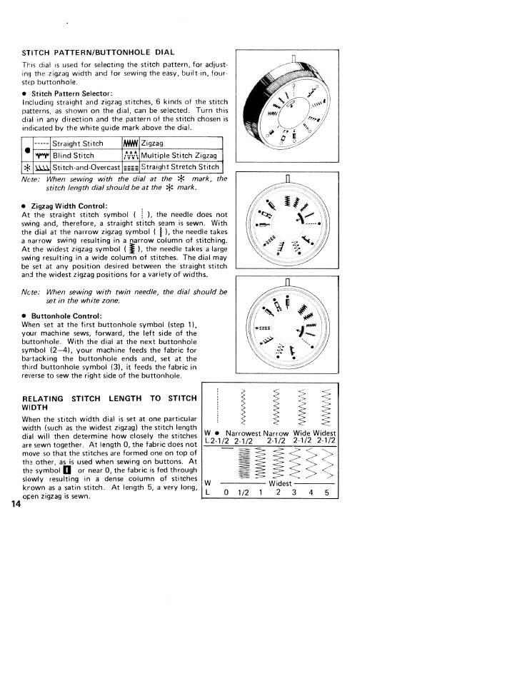 Stitch pattern/buttonhole dial, Zigzag width control, Buttonhole control | Relating stitch length to stitch width | SINGER W310 User Manual | Page 16 / 39