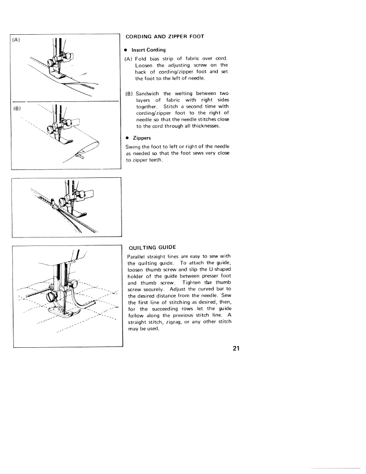 Insert cording, Zippers, Quilting guide | SINGER W310 User Manual | Page 23 / 39
