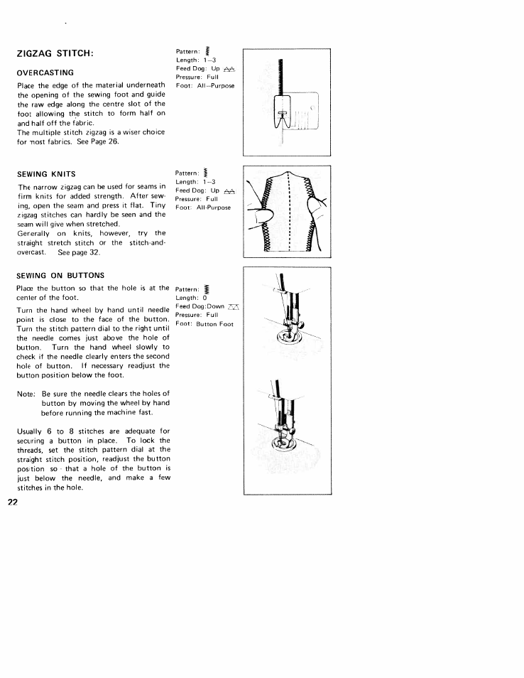Zigzag stitch, Overcasting, Sewing knits | Sewing on buttons | SINGER W310 User Manual | Page 24 / 39