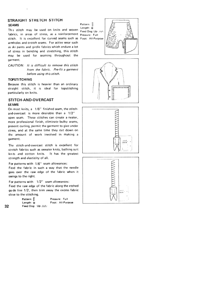 Straight stretch stitch, Stitch-and-overcast, 7) t | SINGER W310 User Manual | Page 34 / 39