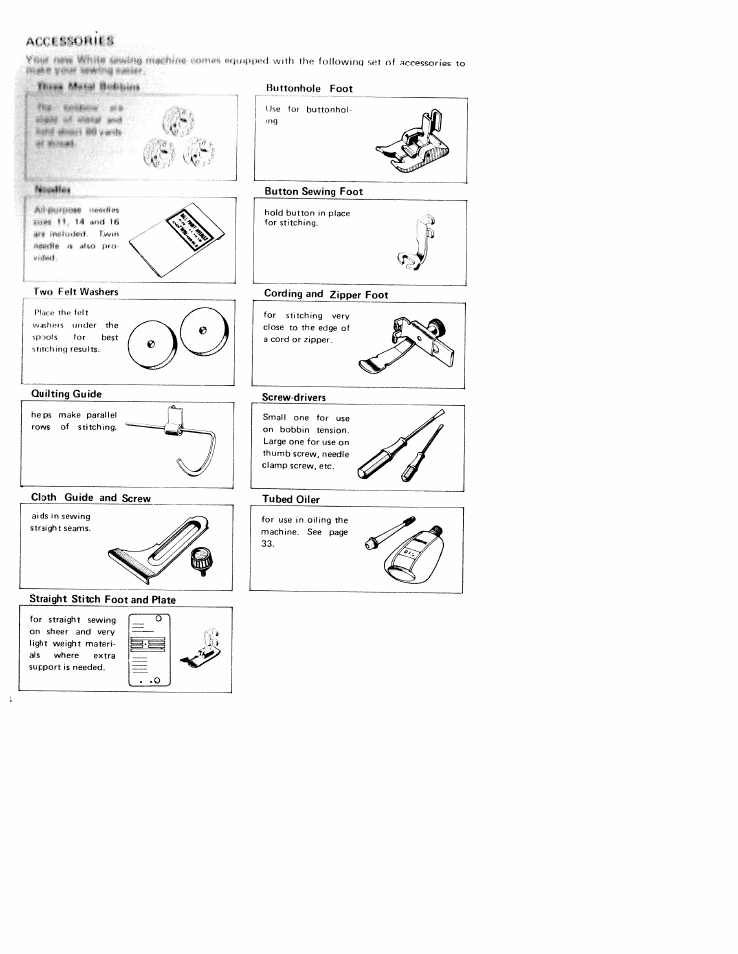 Quilting guide, Straight stitch foot and plate, Cording and zipper foot | Screwdrivers, Tubed oiler, I x i, T ' m m | SINGER W310 User Manual | Page 6 / 39