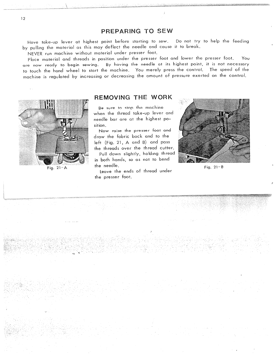 Preparing to sew, Removing the work | SINGER W311 User Manual | Page 13 / 50