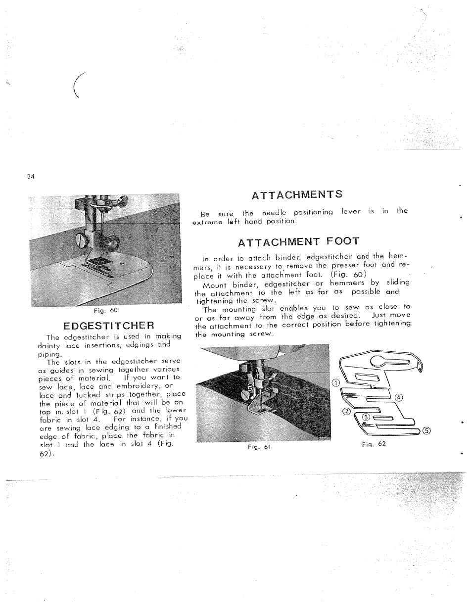 Attachments, Edgestitcher, Attachments ................................ '33 | Attachment foot | SINGER W311 User Manual | Page 35 / 50