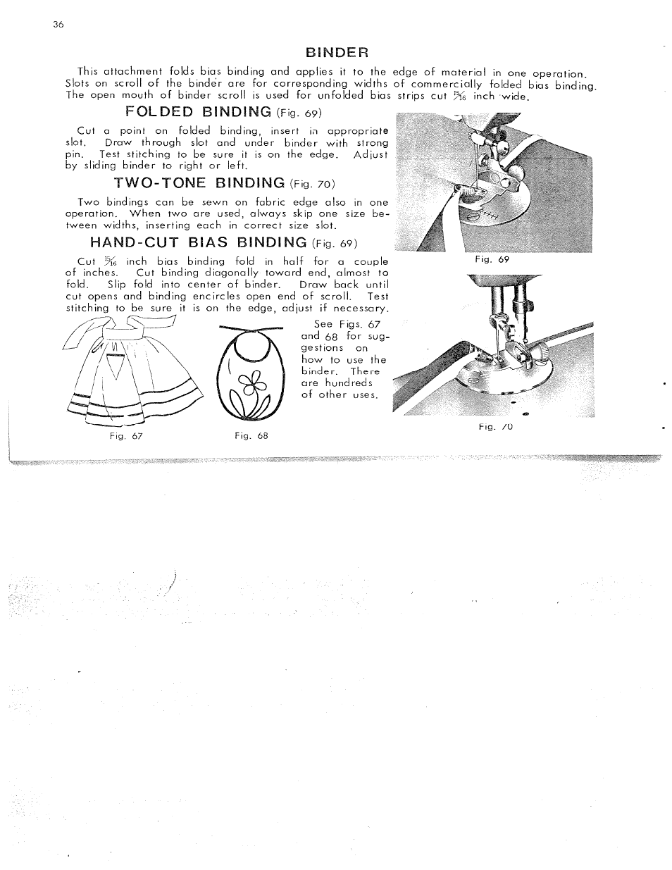 Binder, Folded binding (fig. 69), Two-tone binding (fig. 70) | Hand-cut bias binding (fig. 69) | SINGER W311 User Manual | Page 37 / 50