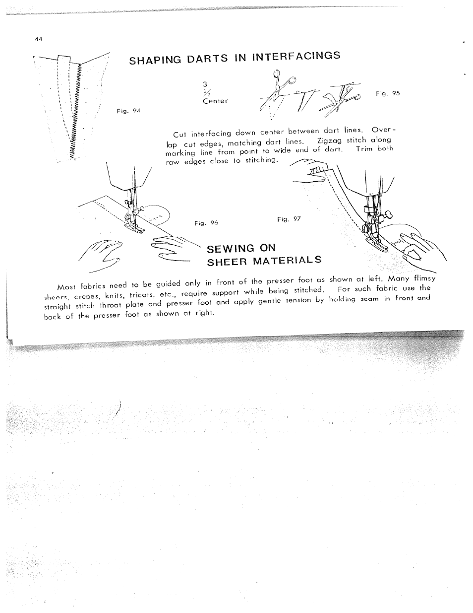 Shaping darts in interfacings, Sewing on, Sheer materials | Sewing on sheer materials | SINGER W311 User Manual | Page 45 / 50