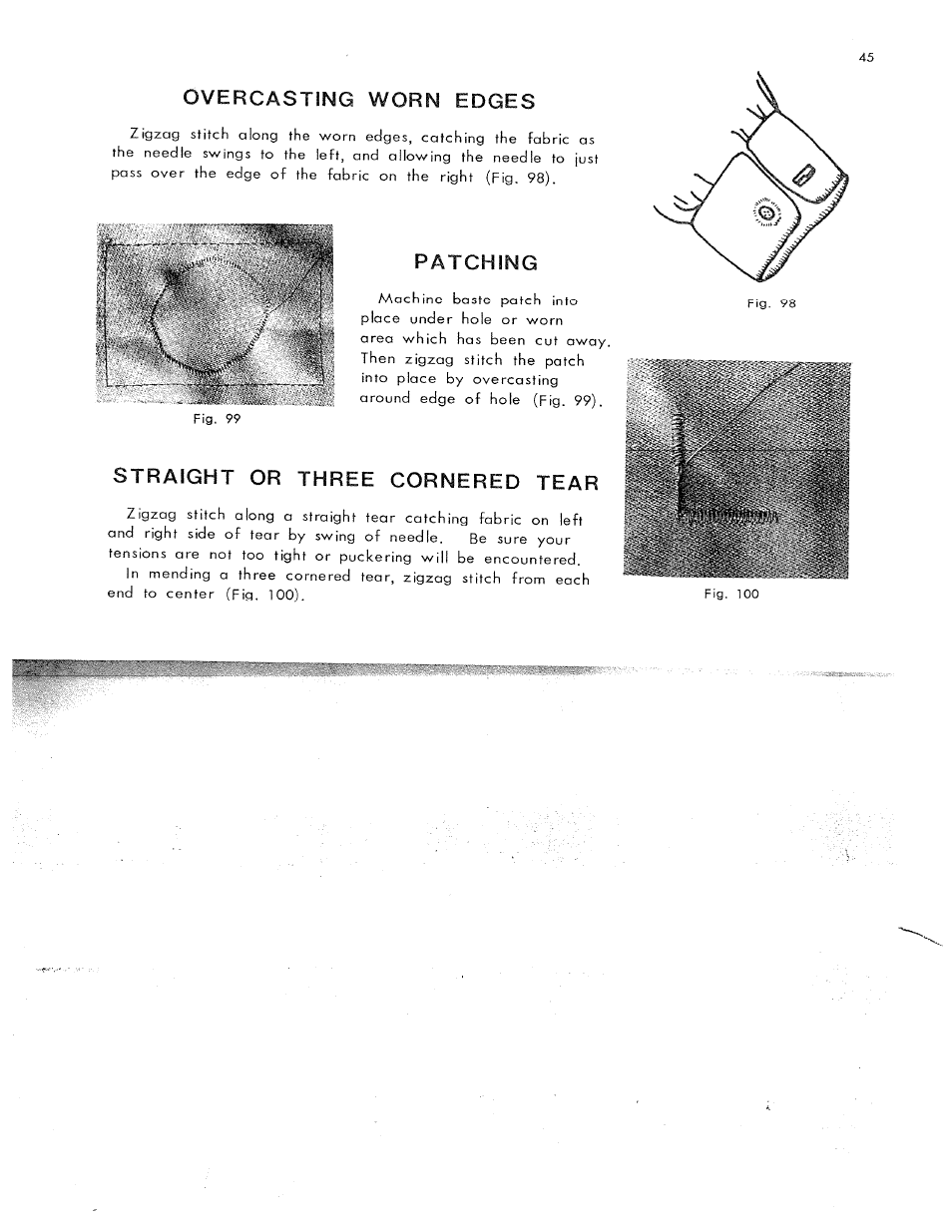 Overcasting worn edges, Patching, Straight or three cornered tear | SINGER W311 User Manual | Page 46 / 50