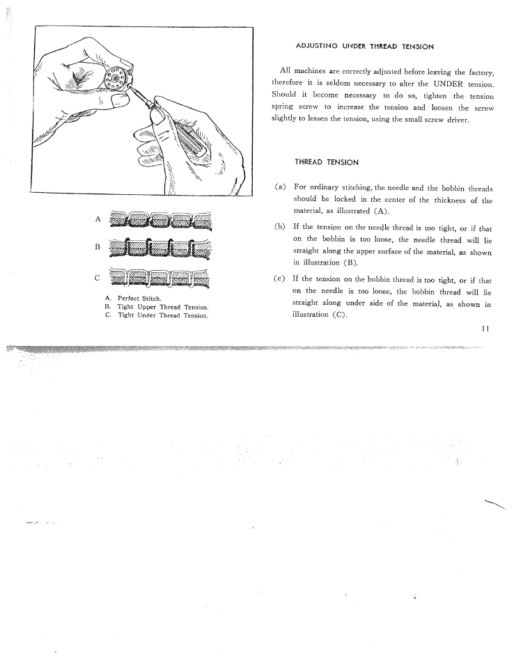 Adjusting under thread tension, Thread tension, Adjusting under thread | Tension | SINGER W311 BBS User Manual | Page 13 / 50