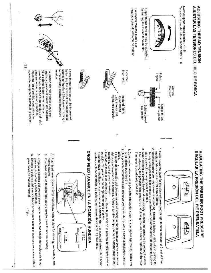 Adjusting thread tension, Ajustar las tensiones del hilo de rosca, Drop feed / avance en la posición hundida | Avance en la posición hundida | SINGER W312 Classic User Manual | Page 10 / 18