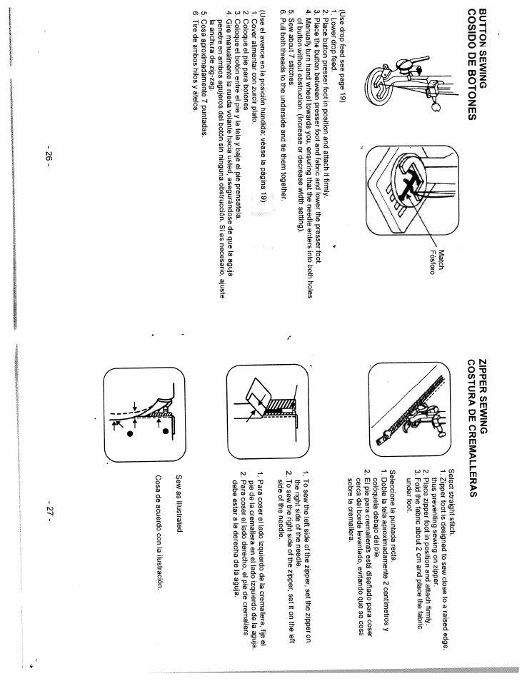 Button sewing cosido de botones, Zipper sewing costura de cremalleras | SINGER W312 Classic User Manual | Page 14 / 18