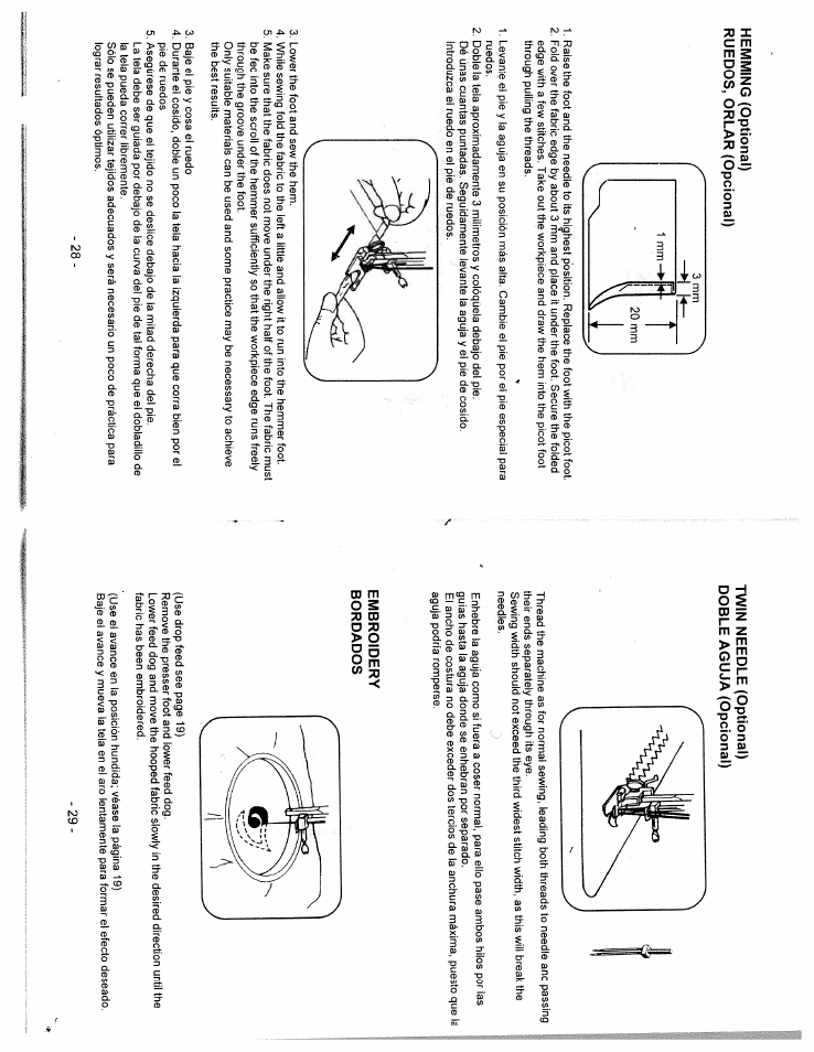 Hemming (optional) ruedos, orlar (opcional), Embroidery, Bordados | Twin needle (optional) doble aguja (opcional), Embroidery bordados | SINGER W312 Classic User Manual | Page 15 / 18