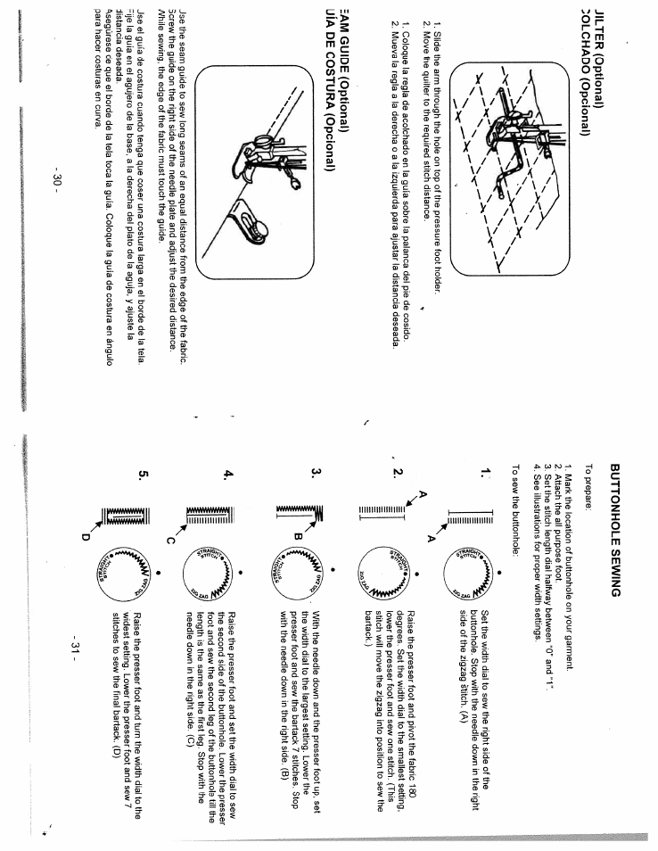 Jilter (optional) colchado (opcional), Eam guide (optional), Liía de costura (opcional) | Buttonhole sewing, Eam guide (optional) liía de costura (opcional) | SINGER W312 Classic User Manual | Page 16 / 18