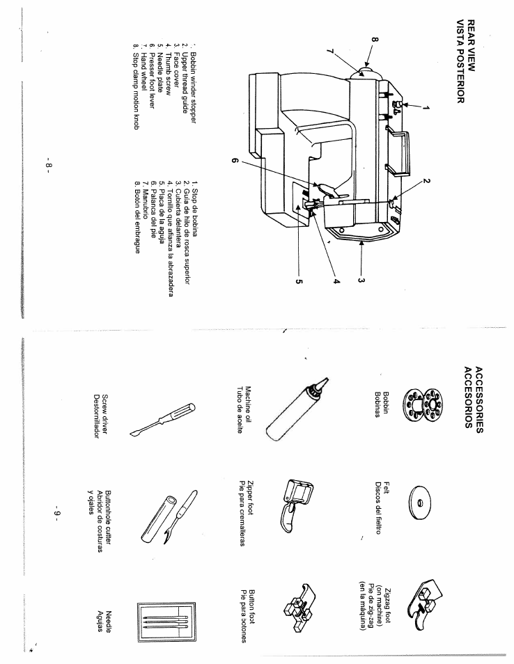 Rear view vista posterior, Accessories, Accesorios | Rear view vista posterior accessories accesorios | SINGER W312 Classic User Manual | Page 5 / 18
