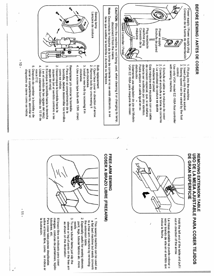 Before sewing / antes de coser, Removing extension table, Free-arm sewing | Coser a brazo libre (freearm) | SINGER W312 Classic User Manual | Page 6 / 18