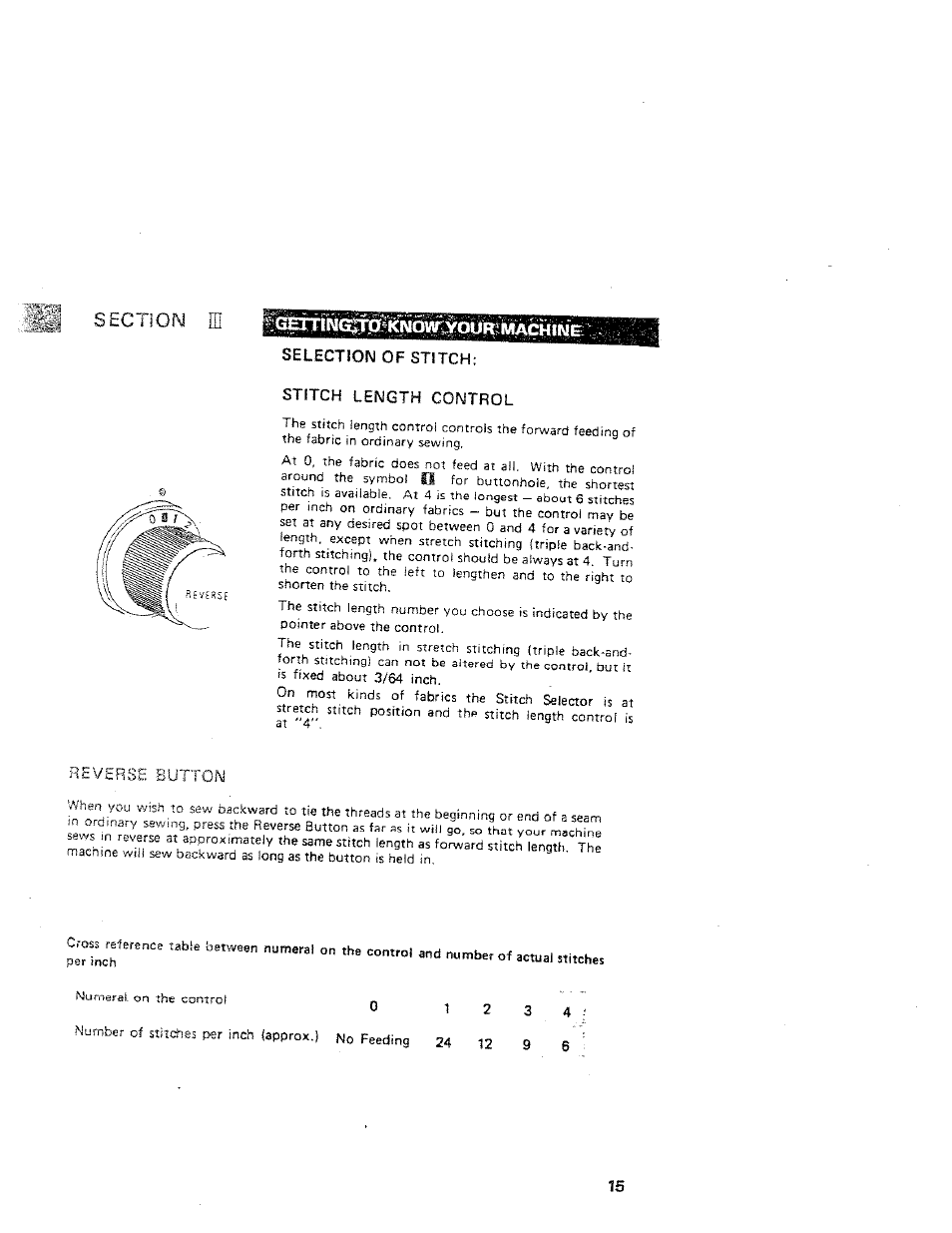 Selectìon of stitch, Stitch length control, Reverse button | SINGER W312 Old User Manual | Page 15 / 46