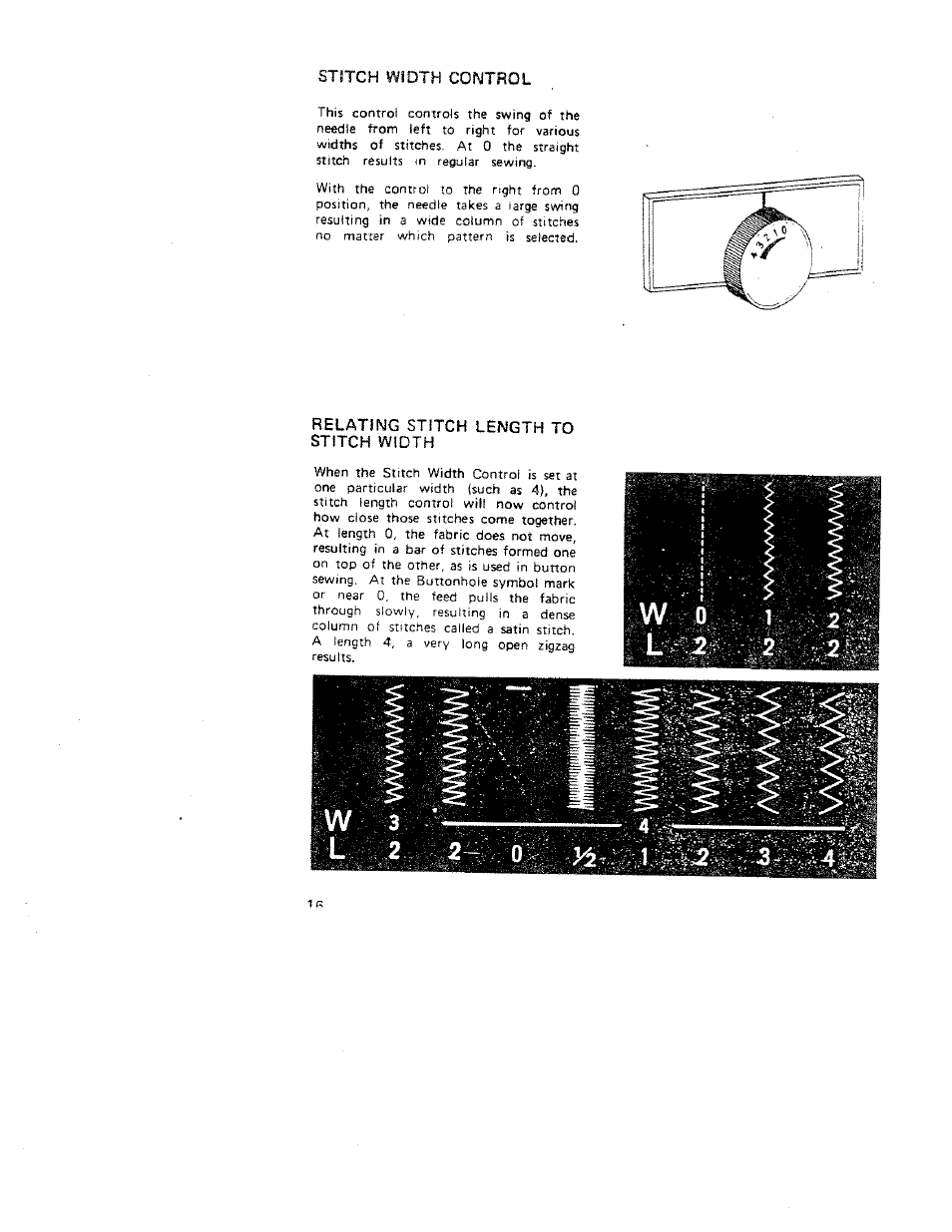 Stitch width control, Relating stitch length to stitch width | SINGER W312 Old User Manual | Page 16 / 46
