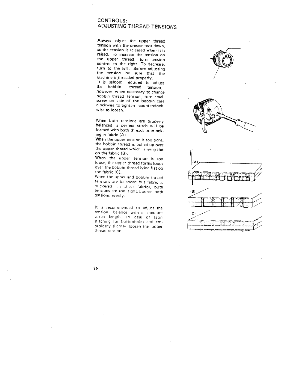 Controls, Adjusting thread tensions | SINGER W312 Old User Manual | Page 18 / 46