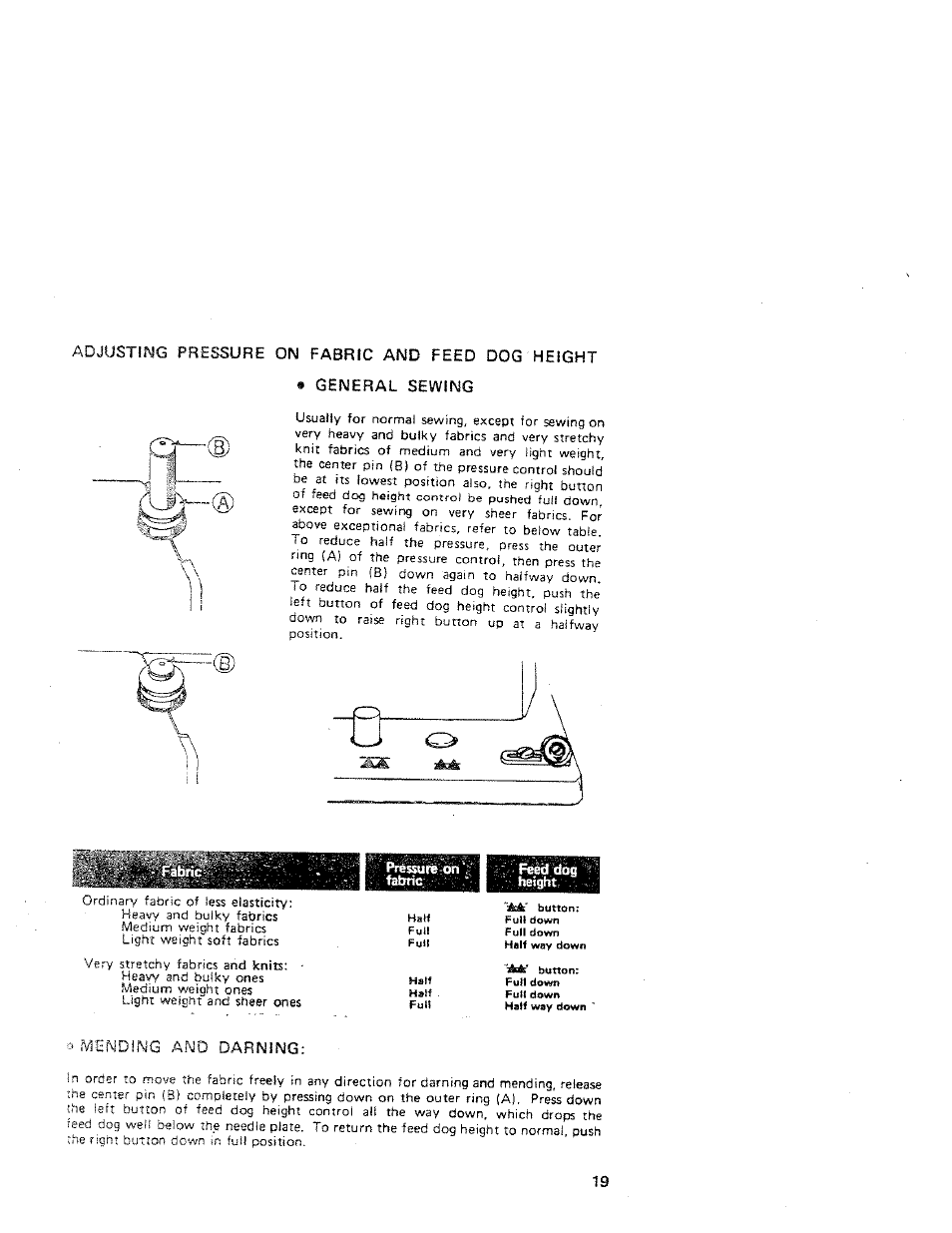 Adjusting pressure on fabric and feed dog height, General sewing, Pressure on f fcétìc | Feed dog - height, A mending and darning | SINGER W312 Old User Manual | Page 19 / 46