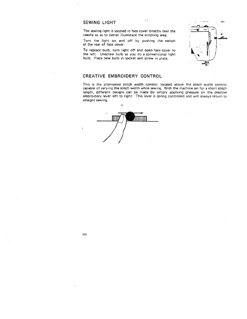 Sewing light, Creative embroidery control | SINGER W312 Old User Manual | Page 20 / 46