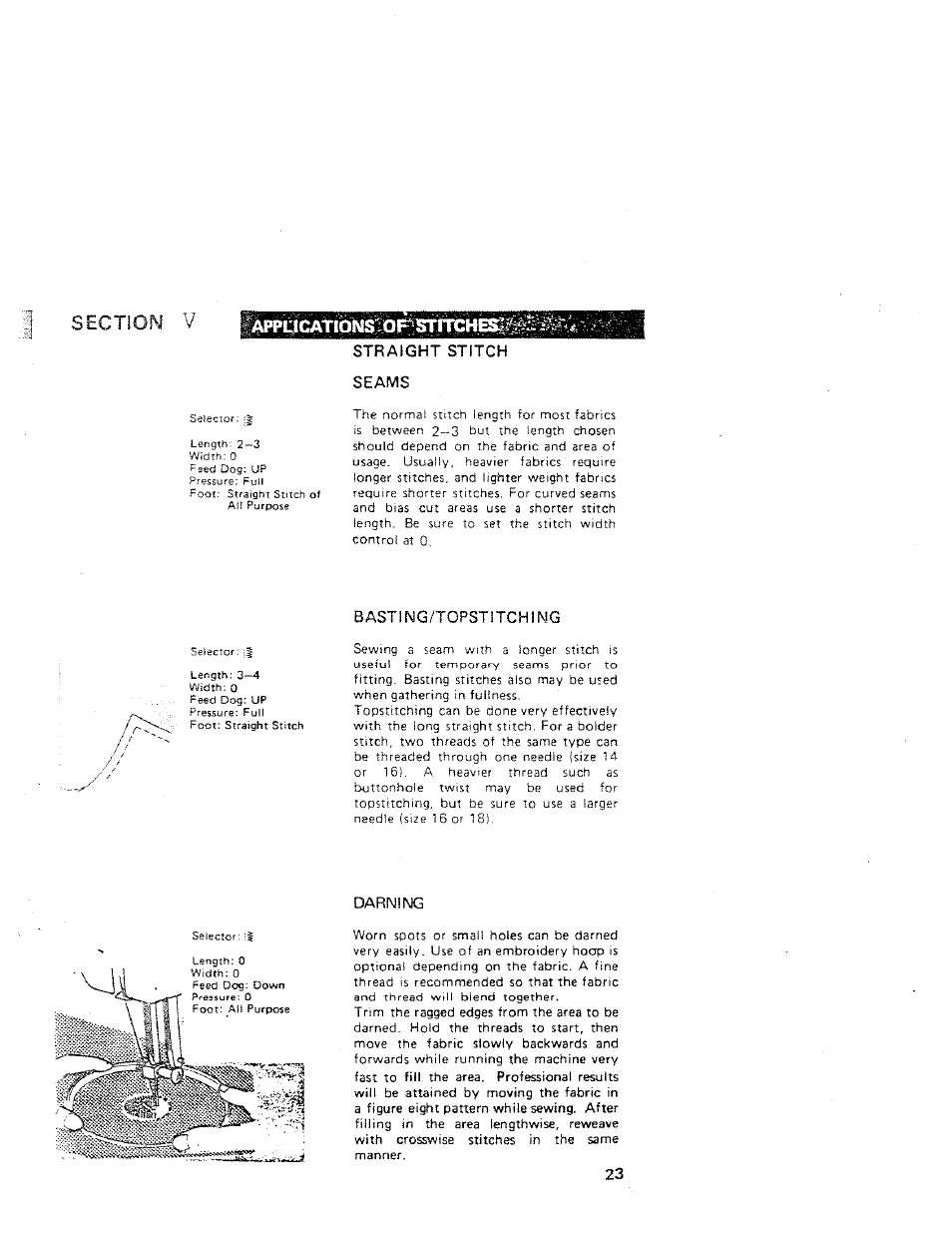 Straight stitch seams, Basting/topstitching, Darning | Basting/topstitching darning | SINGER W312 Old User Manual | Page 23 / 46