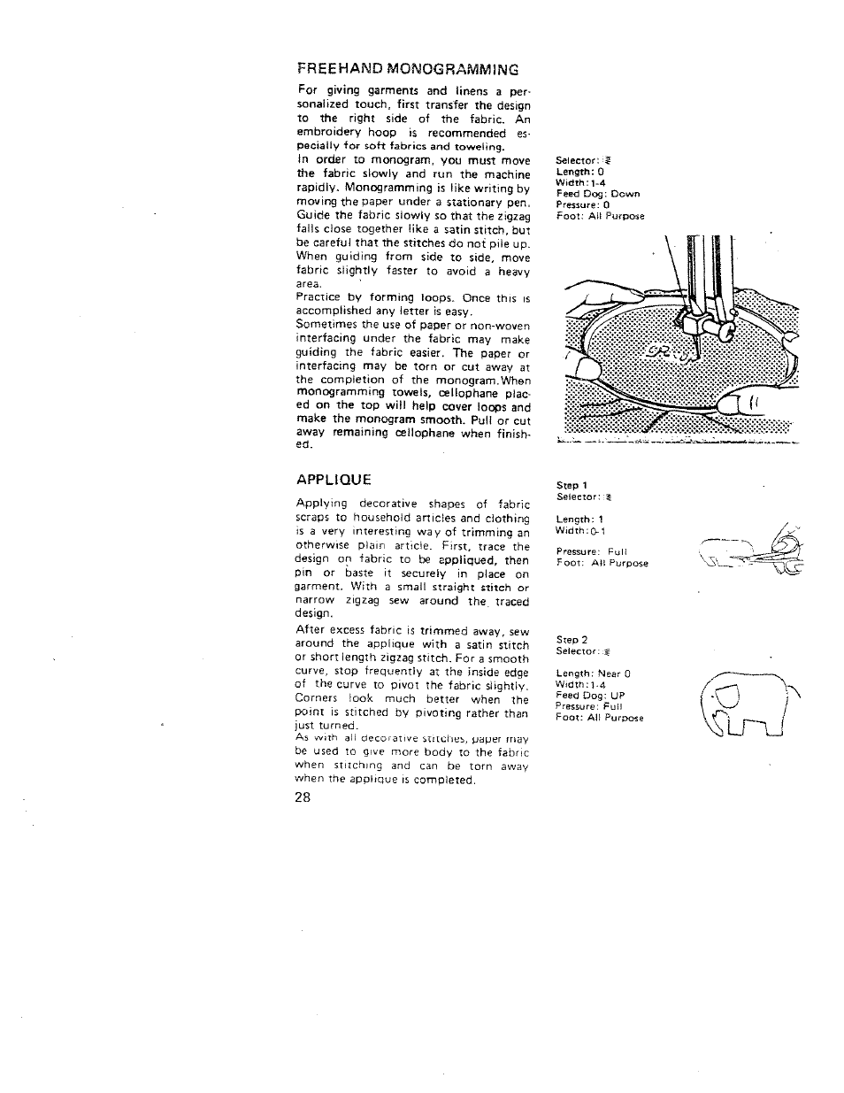 Freehand monogramming, Applique | SINGER W312 Old User Manual | Page 28 / 46