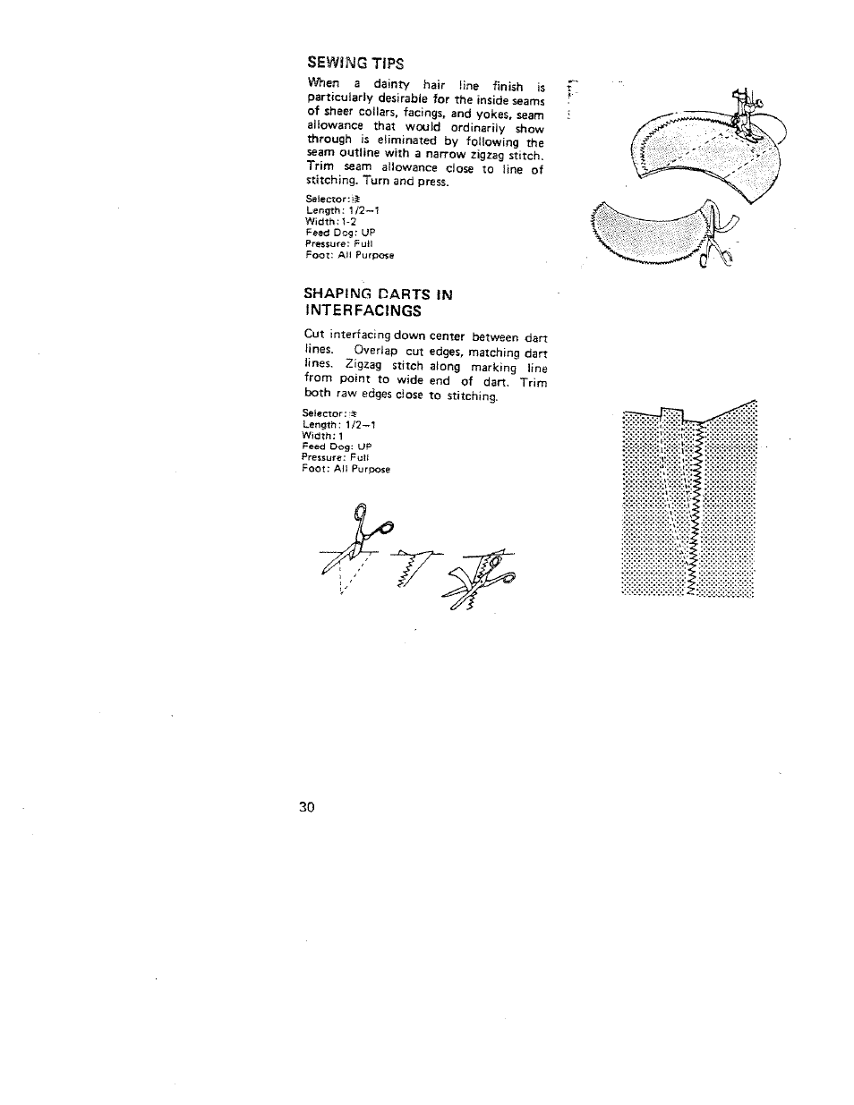 Sewing tips, Shaping darts in interfacings | SINGER W312 Old User Manual | Page 30 / 46