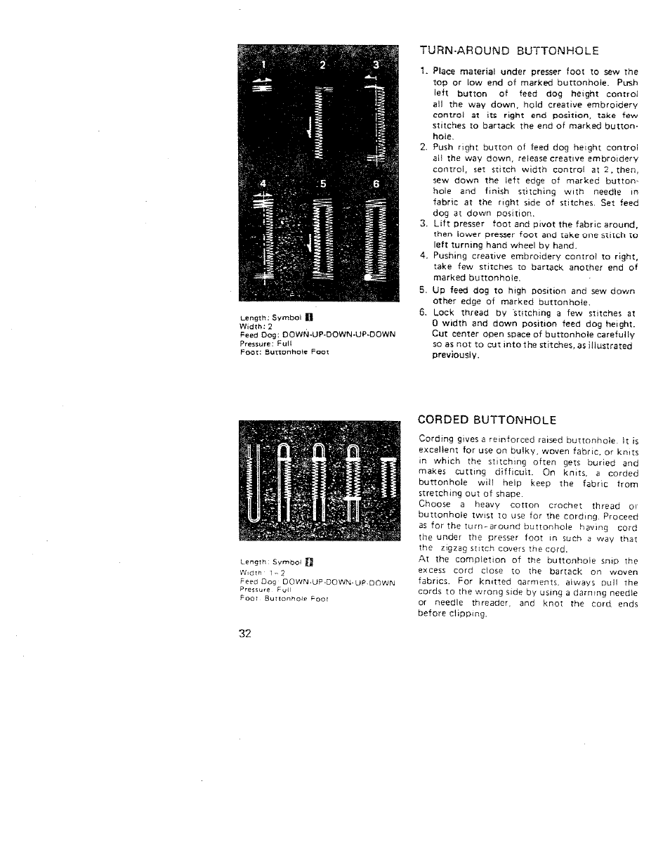 Turn-around buttonhole, Corded buttonhole | SINGER W312 Old User Manual | Page 32 / 46