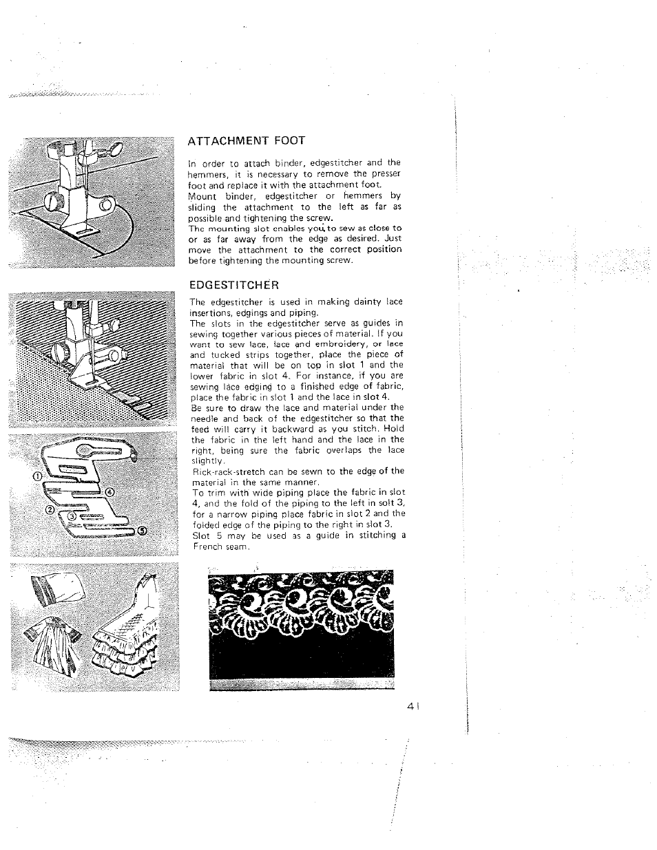 Attachment foot, Edgestitcher | SINGER W312 Old User Manual | Page 41 / 46