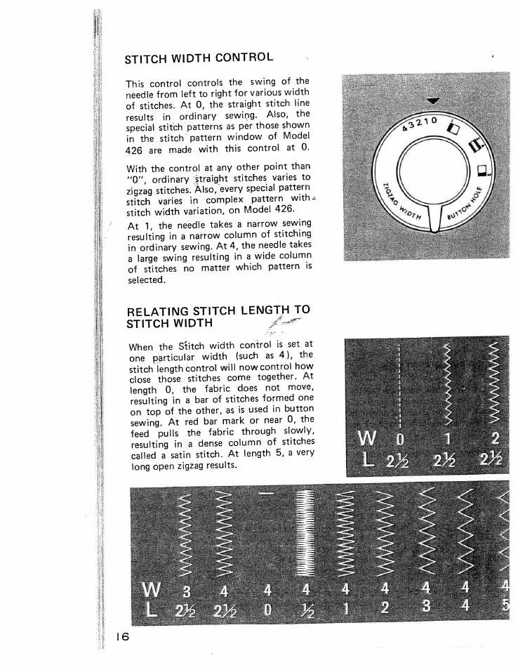 Stitch width control, Relating stitch length to, Stitch width | SINGER W426 User Manual | Page 17 / 48
