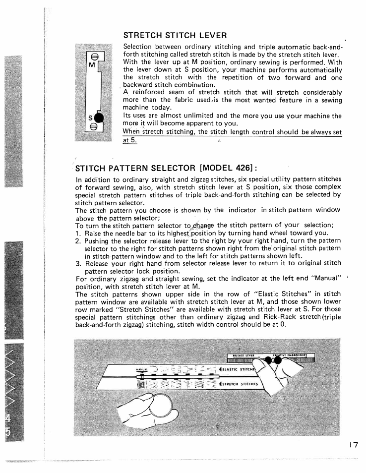 Stretch stitch lever, Stitch pattern selector [model 426 | SINGER W426 User Manual | Page 18 / 48