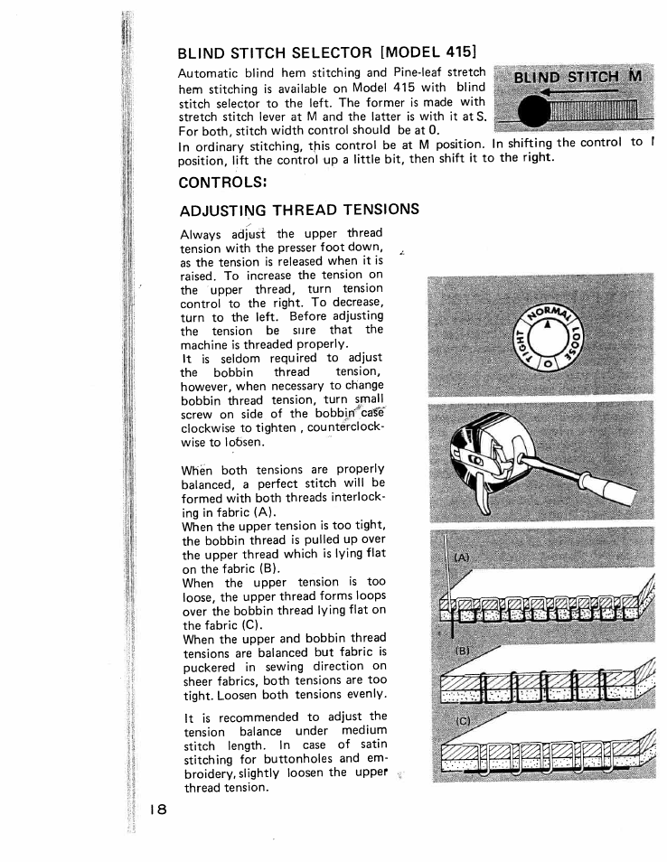 Blind stitch selector [model 415, Controls, Adjusting thread tensions | SINGER W426 User Manual | Page 19 / 48