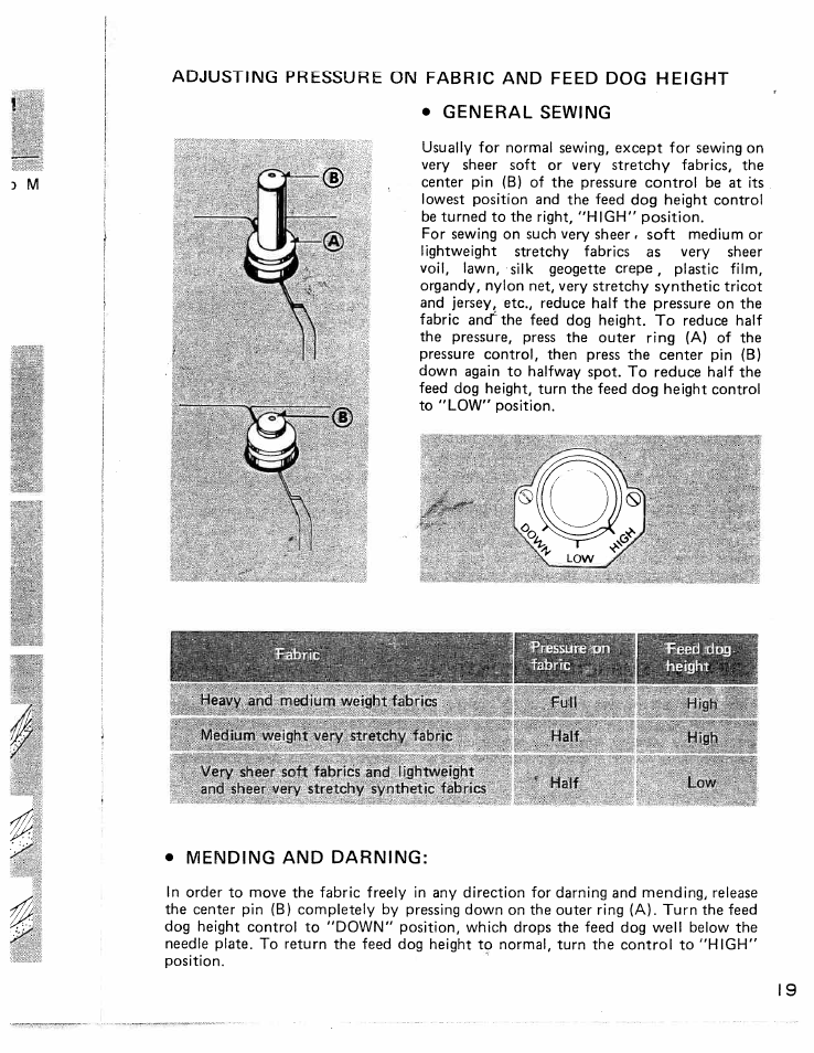 Adjusting pressure on fabric and feed dog height, General sewing, Mending and darning | SINGER W426 User Manual | Page 20 / 48