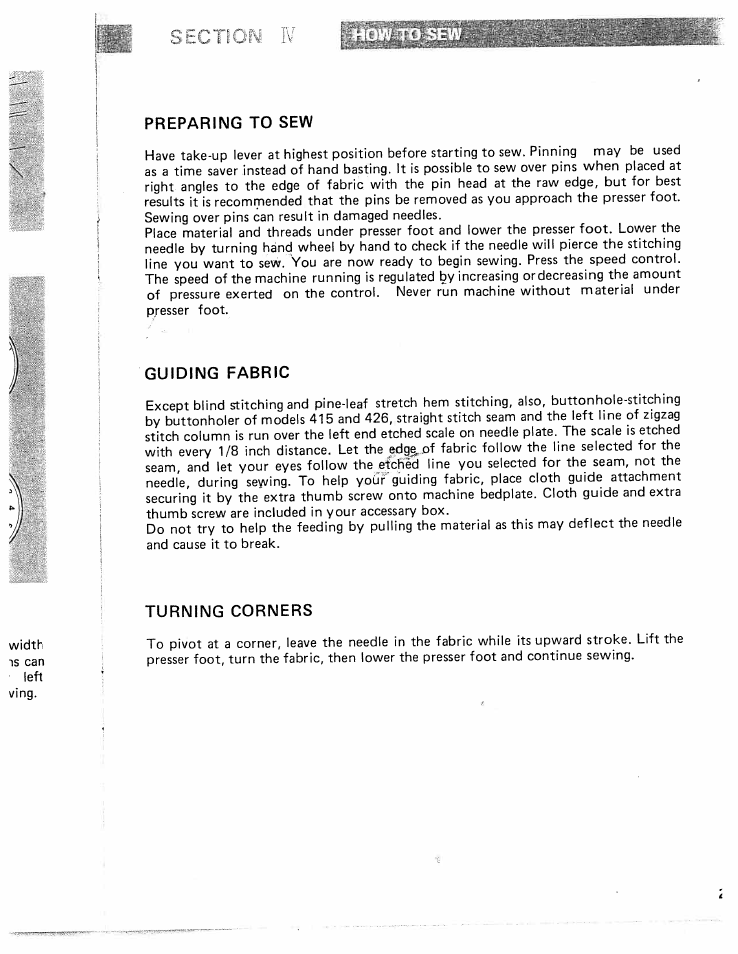 Preparing to sew, Guiding fabric, Turning corners | Preparing to sew guiding fabric | SINGER W426 User Manual | Page 22 / 48