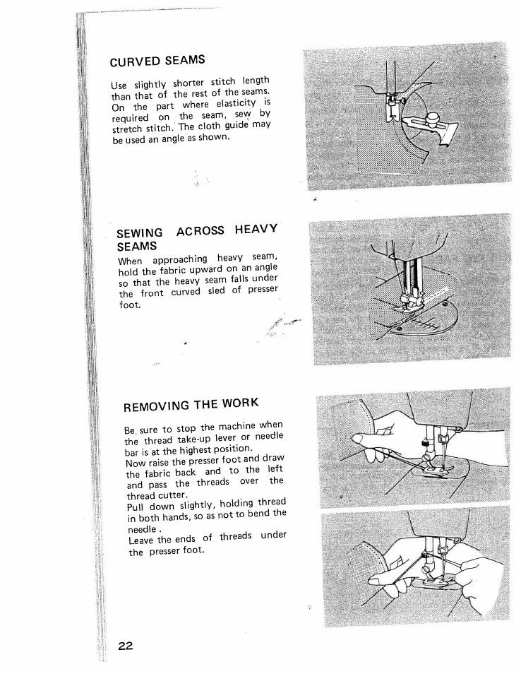 Curved seams, Sewing across heavy seams, Removing the work | Curved seams sewing across heavy seams | SINGER W426 User Manual | Page 23 / 48