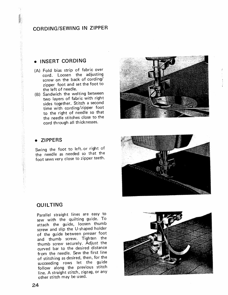 Cording/sewing in zipper, Insert cording, Zippers | Quilting, Cording/sewing on zipper quilting | SINGER W426 User Manual | Page 25 / 48