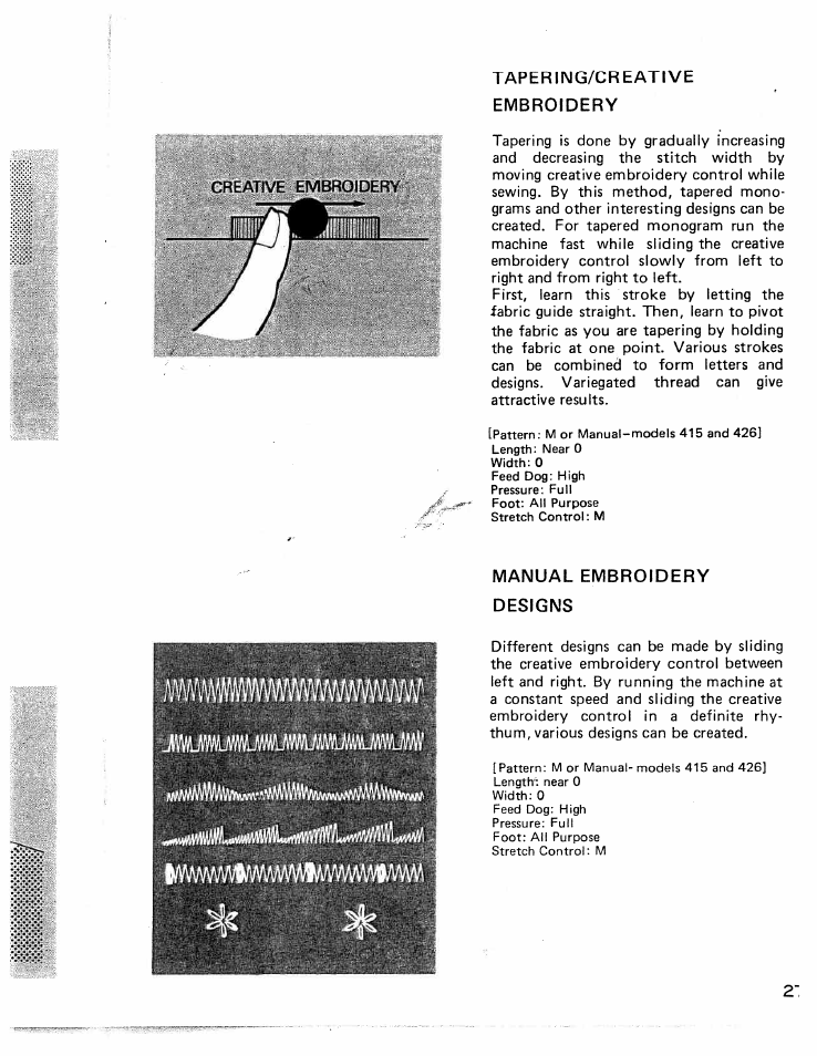 Tapering/creative, Embroidery, Manual embroidery designs | SINGER W426 User Manual | Page 28 / 48