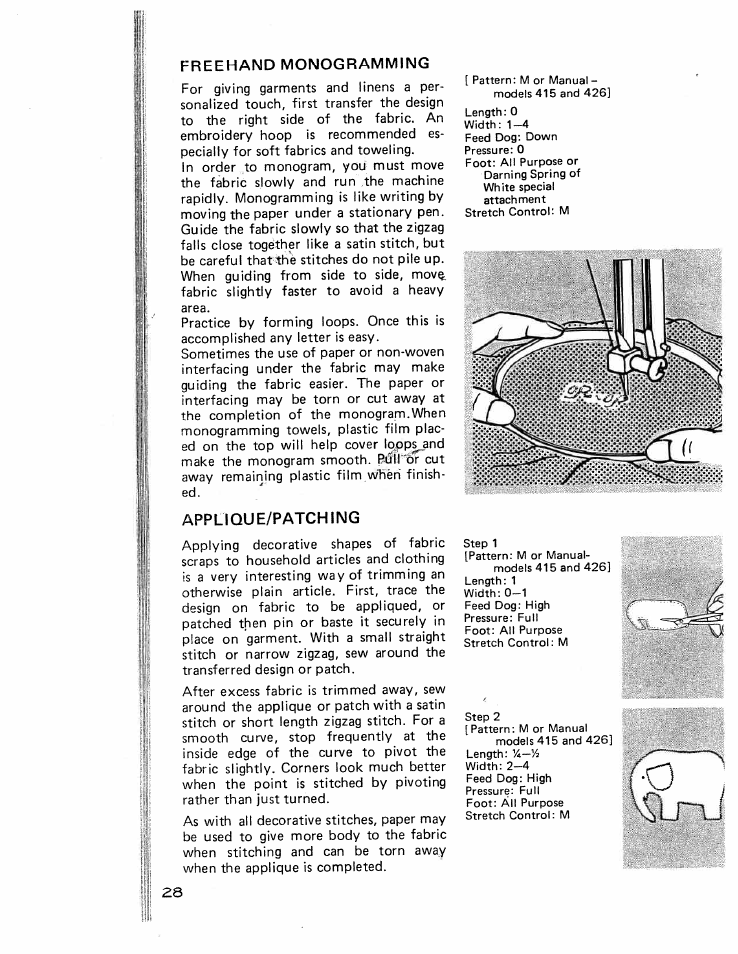 Freehand monogramm ing, Applique/patching, Freehand monogramming | SINGER W426 User Manual | Page 29 / 48