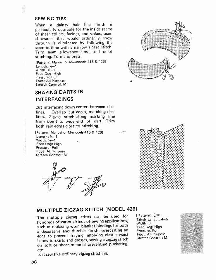 Sewing tips, Shaping darts in interfacings, Multiple zigzag stitch [model 426 | Shaping dart in interfacing | SINGER W426 User Manual | Page 31 / 48