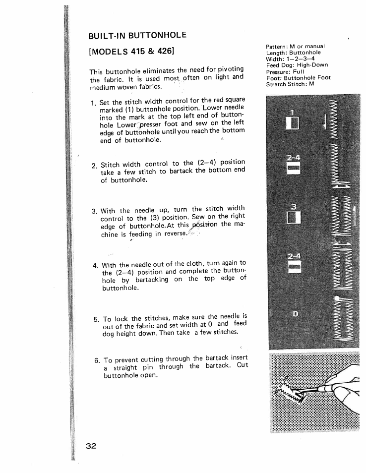 Built-in buttonhole [models 415 & 426 | SINGER W426 User Manual | Page 33 / 48