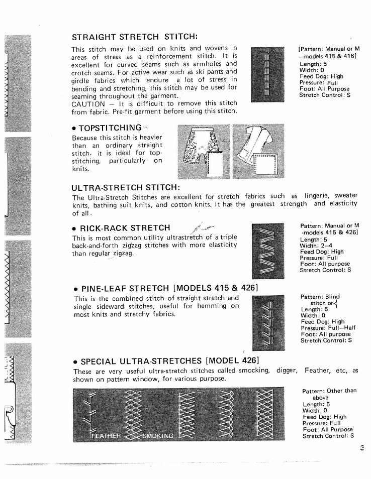 Straight stretch stitch, Topstitchinq, Ultra-stretch stitch | Rick-rack stretch, Pine-leaf stretch [models 415 & 426, Special ultra-stretches [model 426, Blind hem stitch [models 415 & 426, Topstitching, Special (jltra-stretch [model 426 | SINGER W426 User Manual | Page 36 / 48